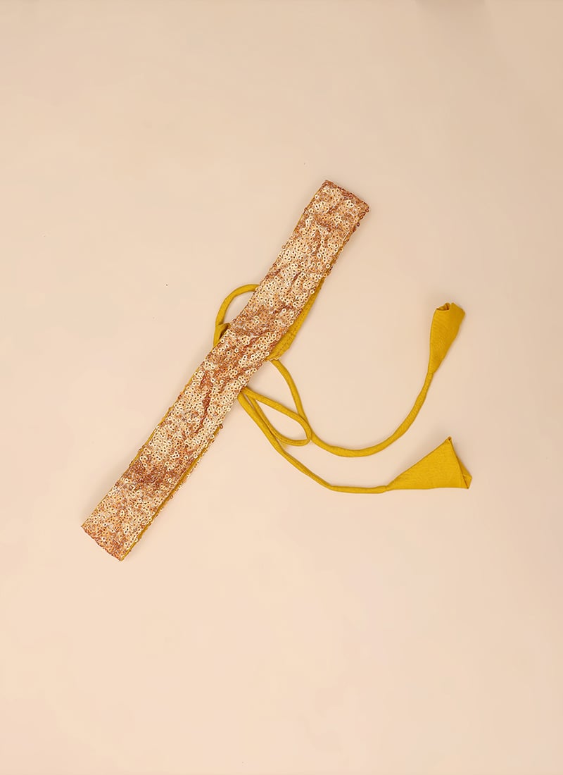 Mustard Pre-Draped Ruffled Belted Saree with Pearl Embellishments main image 1