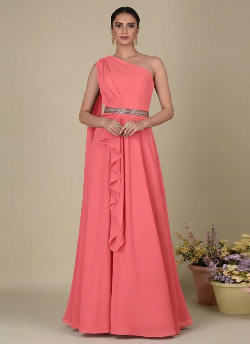 Stunning Orange Crepe Indowestern One Shoulder Gow Party Wear