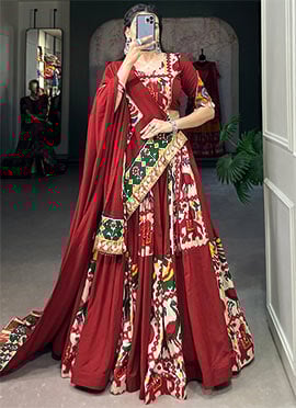 Stunning Red Rayon Patola Print Chaniya Choli For Traditional Wear