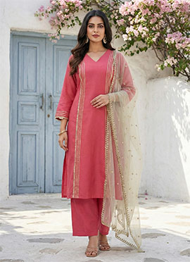 Stunning Salmon Pink Silk Suit With Lace Embroidered Details