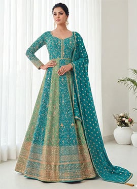 Stunning Sky Blue Georgette Embroidered Sequins A Line Anarkali Suit