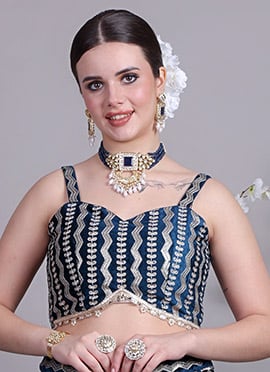 Style Diva Teal Blue Velvet Embroidered Blouse