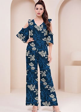 Stylish Blue Floral Rayon Indo Western Jumpsuit