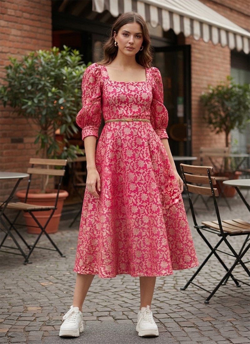Stylish Pink Floral Silk Indo Western Midi Dress Party Wear