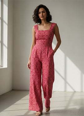 Stylish Pink Printed Cotton Indo Western Jumpsuit
