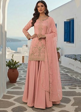 Stylish Pink Rangoli Georgette Zari Sequins Palazzo Suit