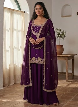 Stylish Purple Georgette Zari Sequins Palazzo Suit