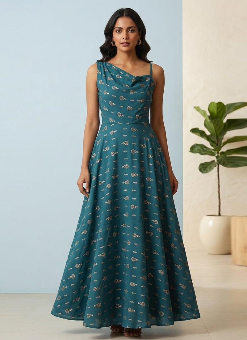 Stylish Teal Printed Rayon Indo Western Maxi Dress Party Wear