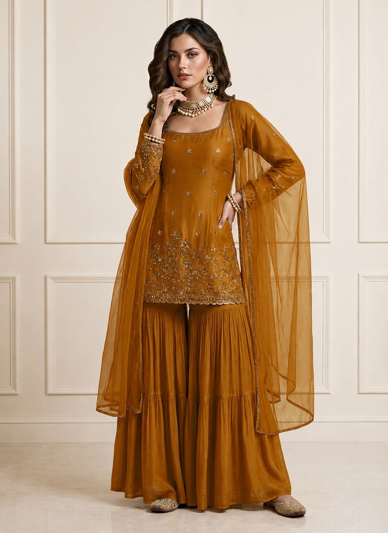 Mustard Art Silk Embroidered Sharara Suit Festive Wear