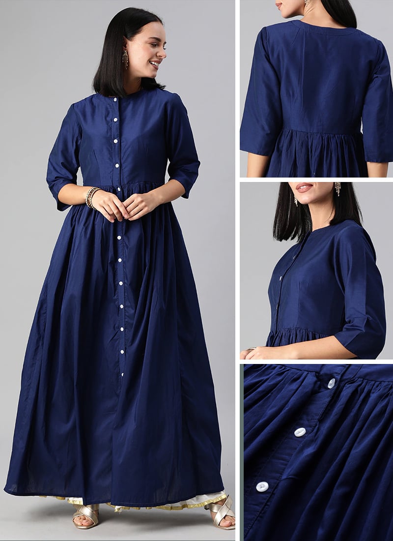 Ankle Length Collar Neck Blue Kurti Work Wear