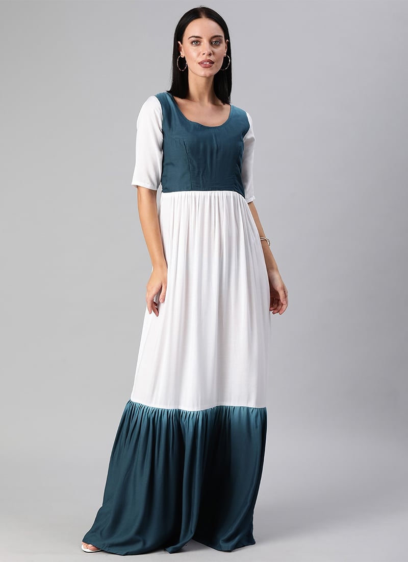 White N Teal Gathered Flared Gown After Six Wear