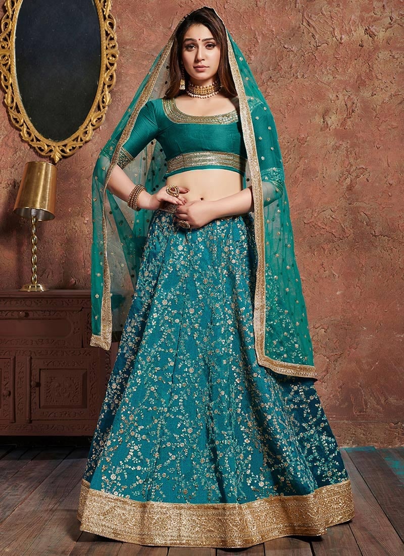 Teal Blue Art Silk A Line Lehenga