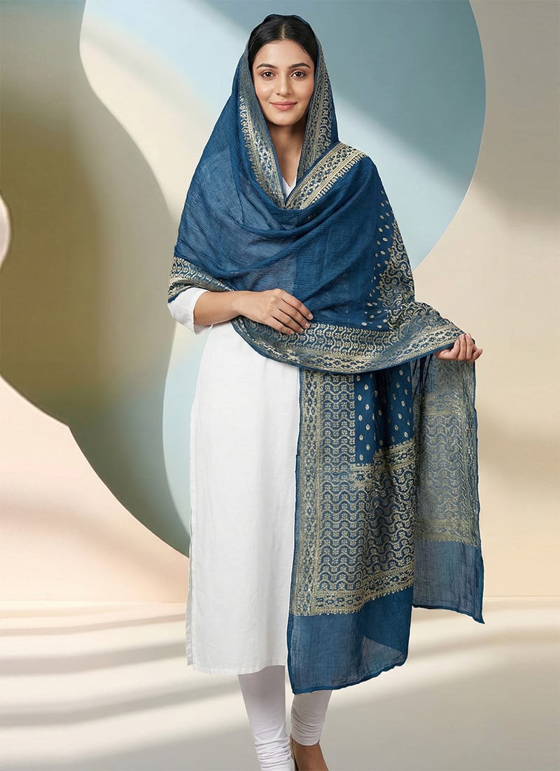 Teal Blue Art Silk Cotton Zari Dupatta After Six Wear