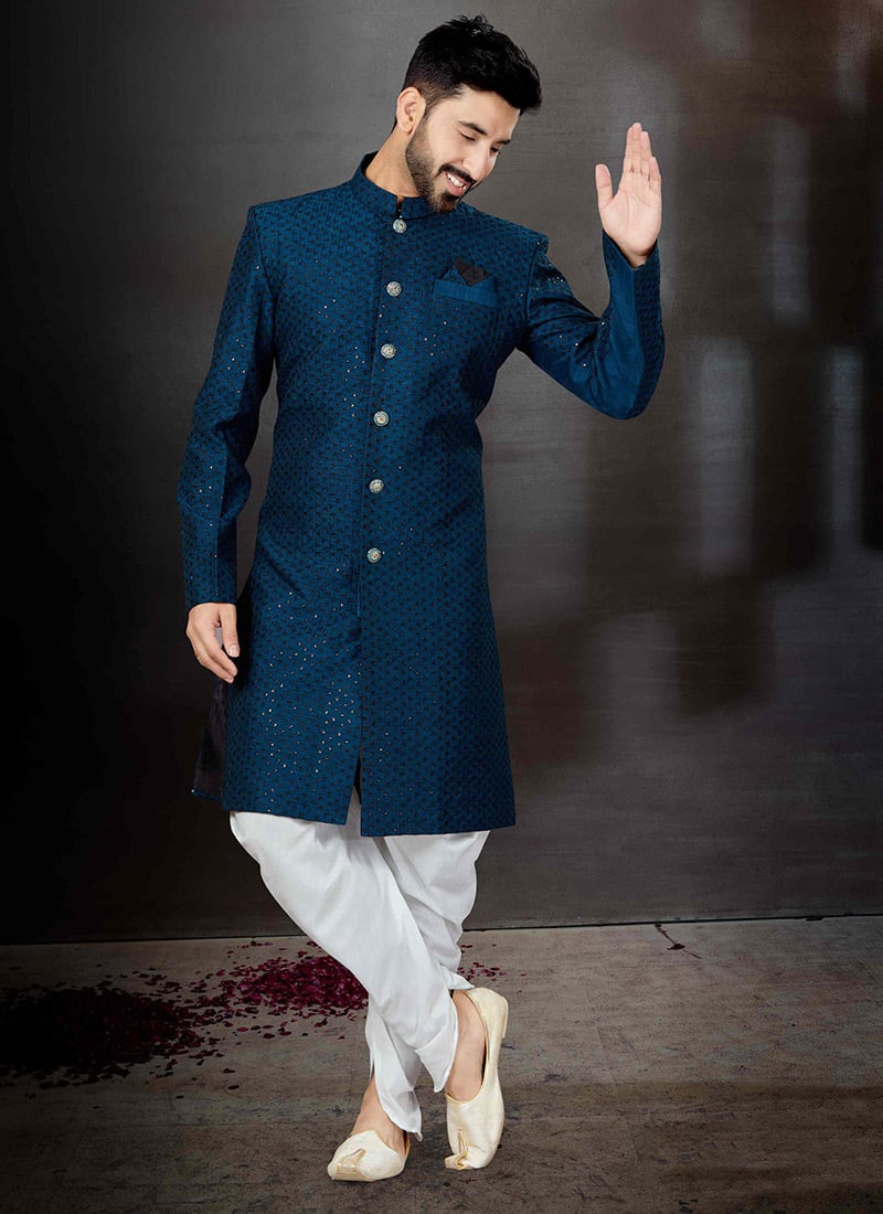 Teal Blue Art Silk Embroidered Indowestern Sherwani Party Wear
