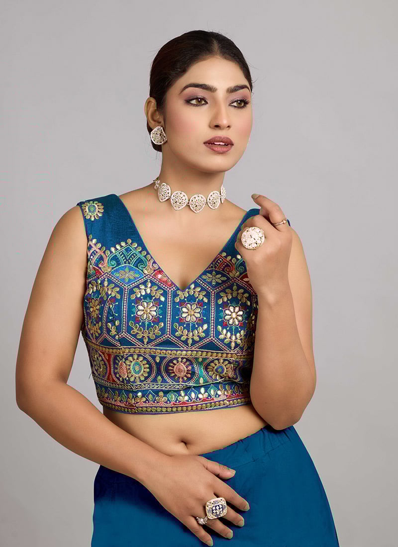Teal Blue Art Silk Embroidered V Neck Blouse Party Wear