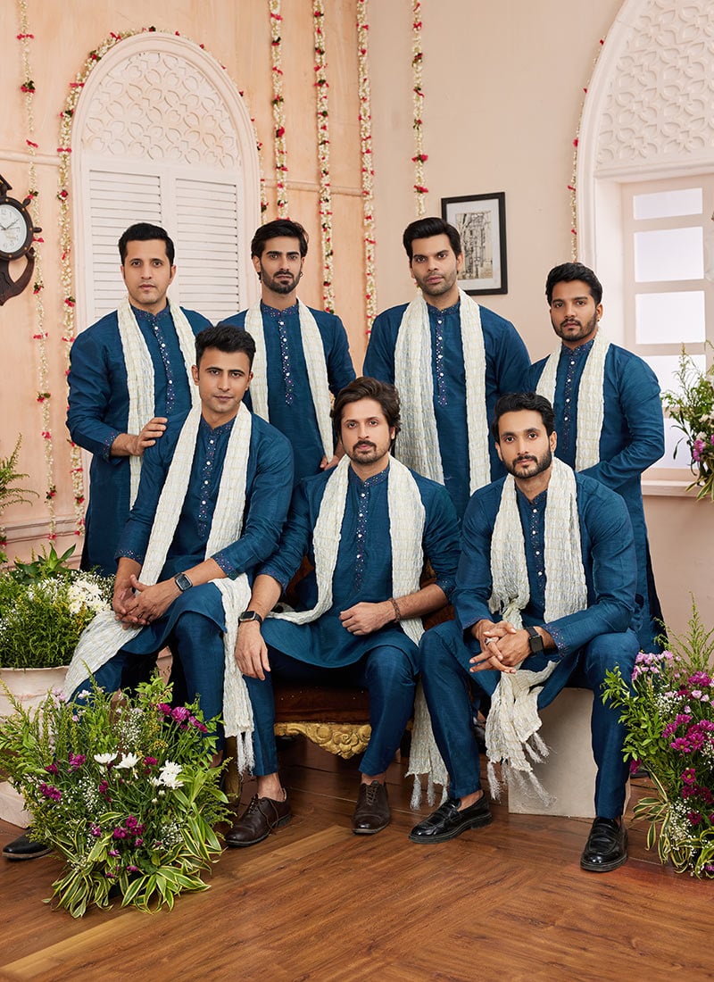 Teal Blue Banarasi Silk Embroidered Kurta Pyjama With Stole For Men Festive Wear