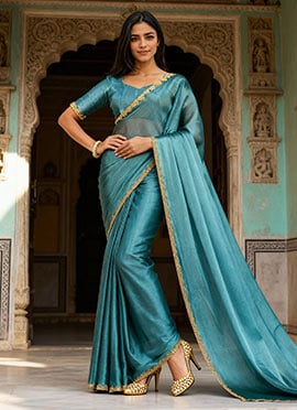 Teal Blue Burberry Chiffon Plain Saree With Beads Cutdana Applique Lace Work