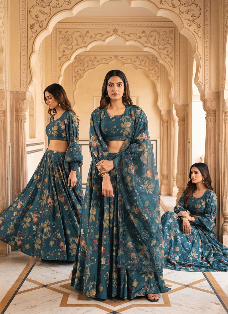 Teal Blue Chinon Digital Floral Print Lehenga