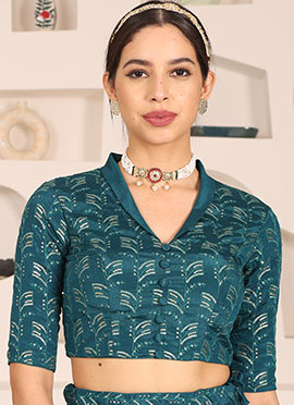 Teal Blue Chinon Embroidered Blouse