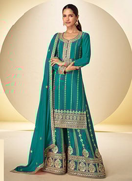 Teal Blue Chinon Embroidered Sequins Palazzo Suit