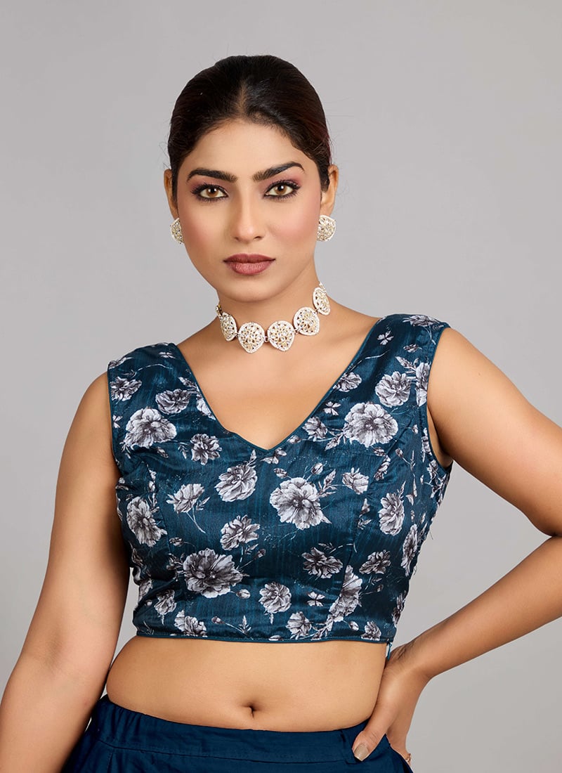 Teal Blue Chinon Printed Blouse Festive Wear