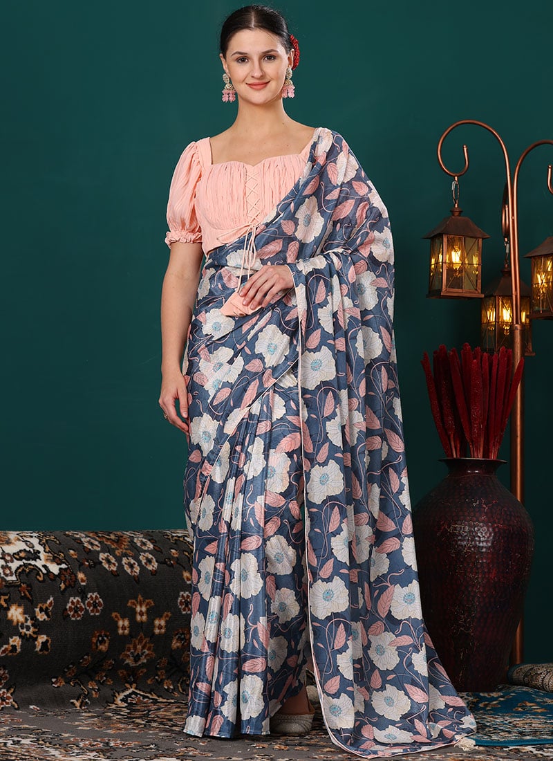 Teen Girls Teal Blue Digital Printed Chinon Saree Festive Wear