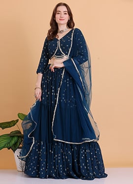 Teal Blue Embroidered Georgette Tiered Lehenga Set