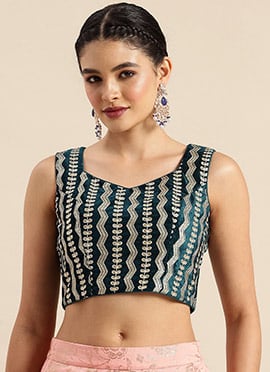 Teal Blue Embroidered Velvet Pentagon Neck Blouse