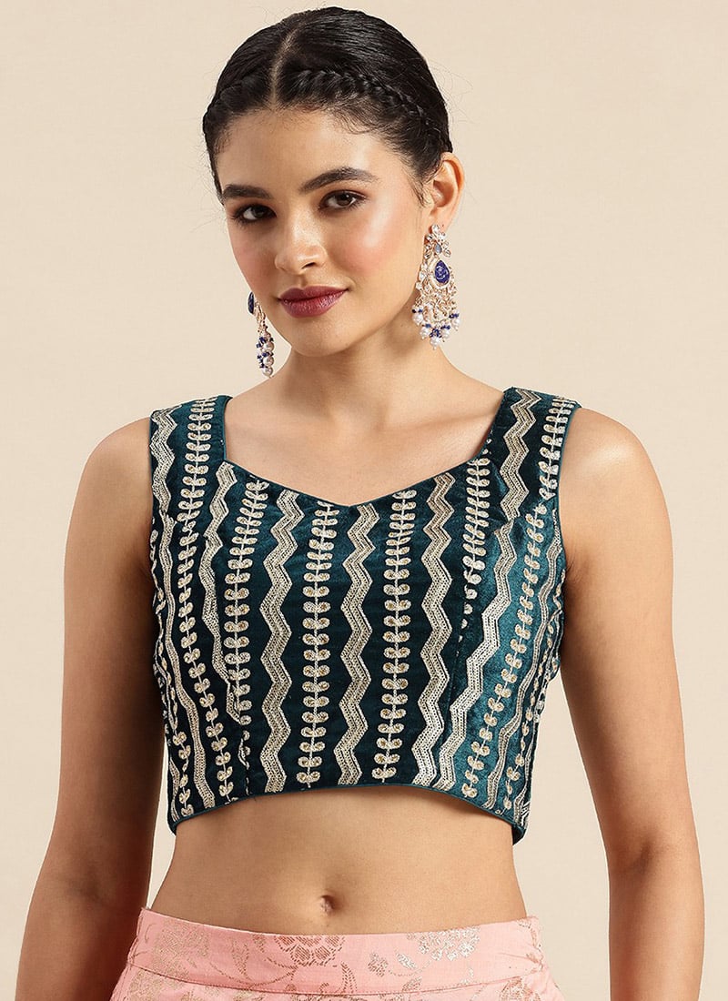 Teal Blue Embroidered Velvet Pentagon Neck Blouse