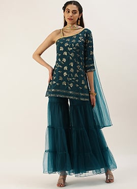 Teal Blue Georgette Embroidered Palazzo Suit