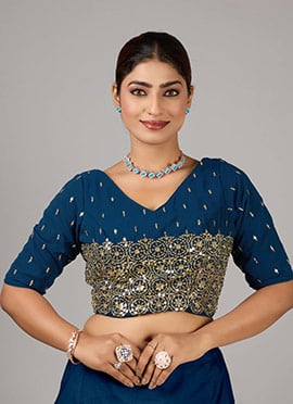 Teal Blue Georgette Embroidered V Neck Blouse