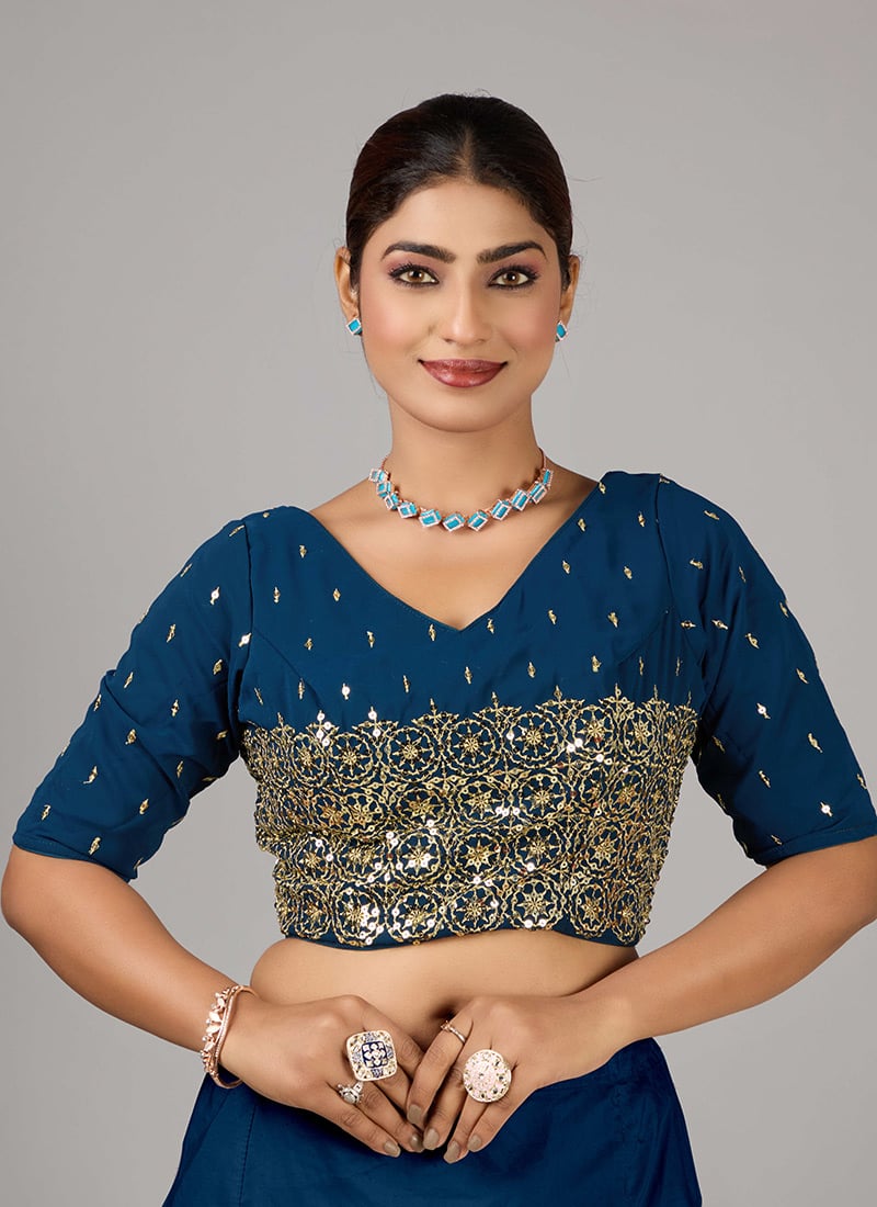 Teal Blue Georgette Embroidered V Neck Blouse Wedding Wear