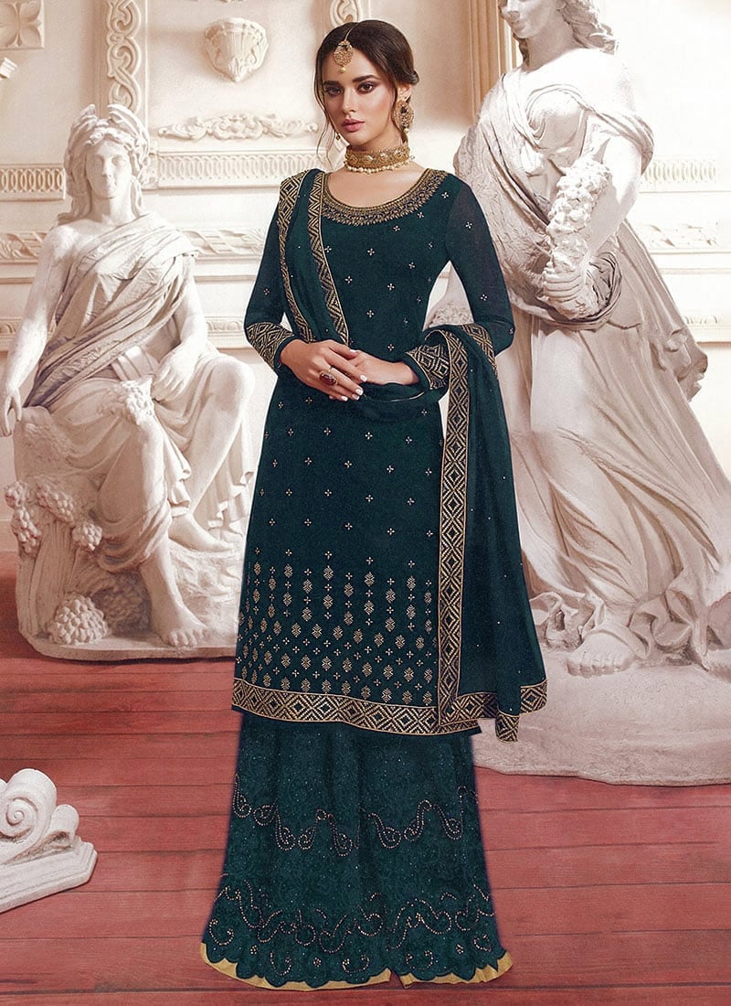 Teal Blue Georgette Palazzo Suit