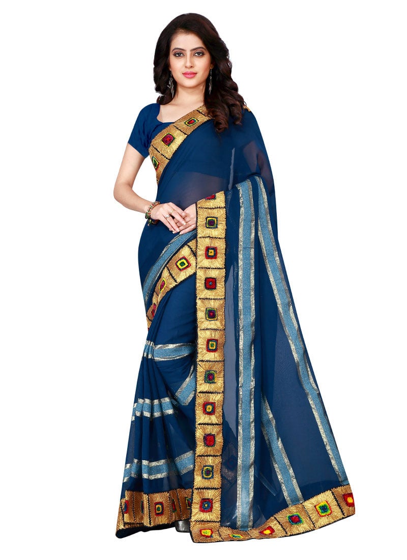 Teal Blue Georgette Saree Party Wear
