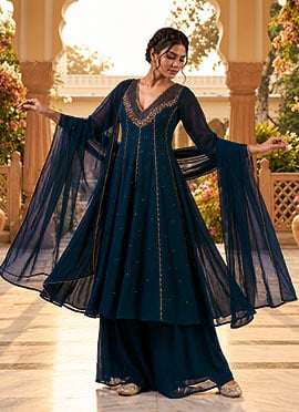 Teal Blue Georgette Zari Sequins Foil Mirror Work Anarkali Suit