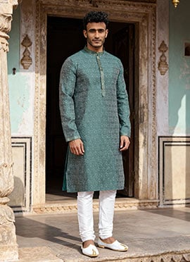 Teal Blue Jacquard Banarasi Silk Zari Work Kurta Pyjama For Men