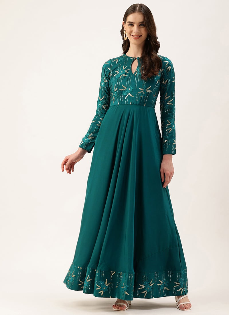Teal Blue Poly Crepe Embroidered Gown Festive Wear