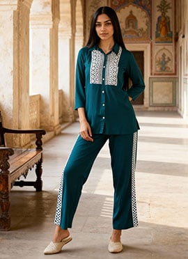 Teal Blue Rayon Sequins Indowestern Co ord Set