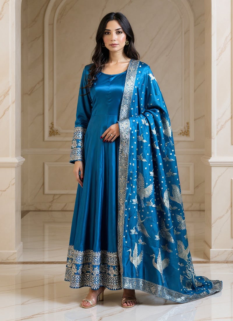 Teal Blue Satin Silk Jacquard Sequins Anarkali Suit