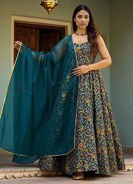 Teal Blue Silk Digital Print Anarkali Suit