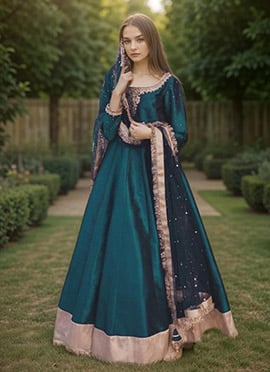 Teal Blue Silk Zardosi Hand Embroidered Anarkali Suit