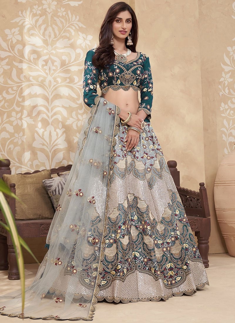 Teal Blue Soft Silk Umbrella Lehenga Wedding Wear