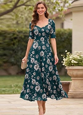 Teal Chinon Floral Midi Dress
