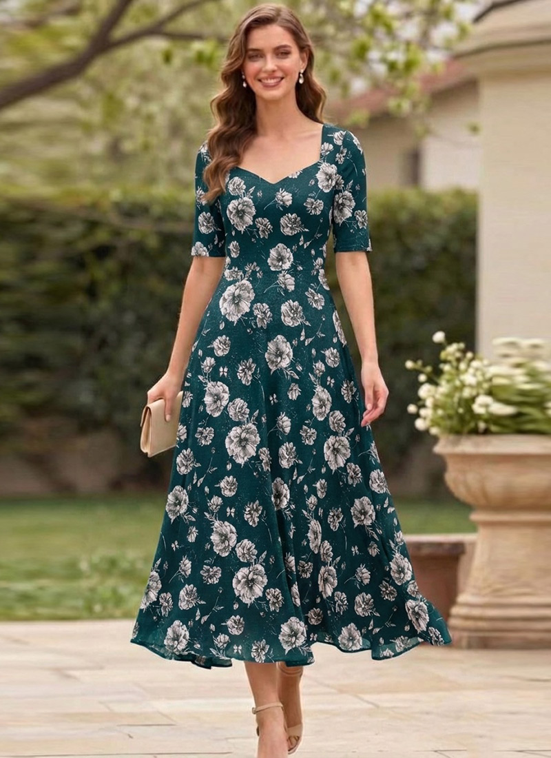 Teal Chinon Floral Midi Dress After Six Wear