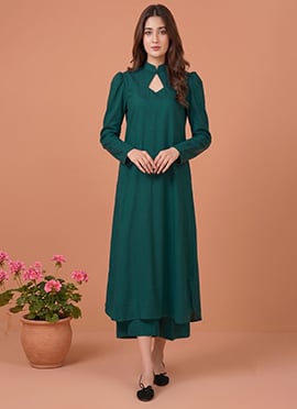 Teal Cotton Straight Kurta With Palazzo Set