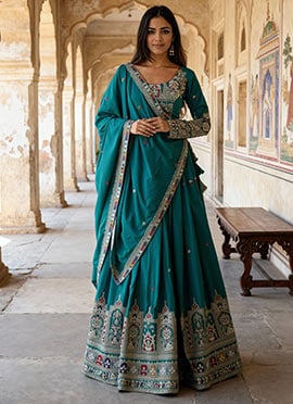 Teal Crepe Silk Embroidered Sequins Lehenga Wedding Wear