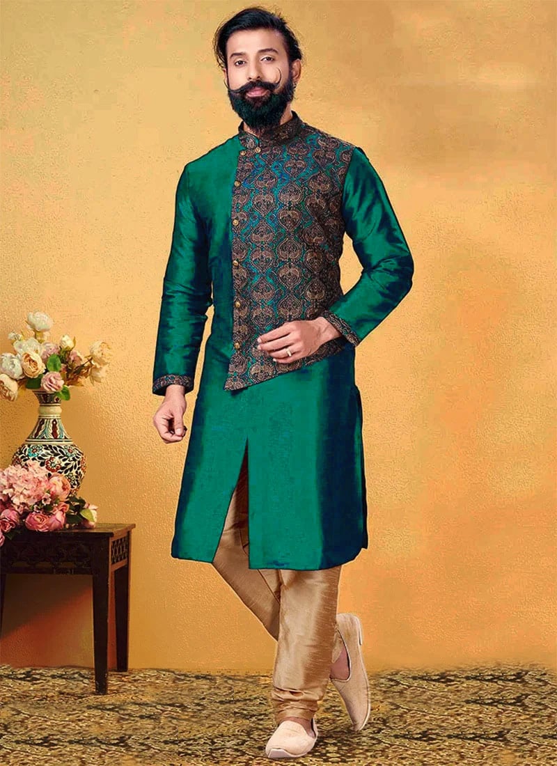 Teal Dupion Silk Embroidered Kurta Pyjama Party Wear