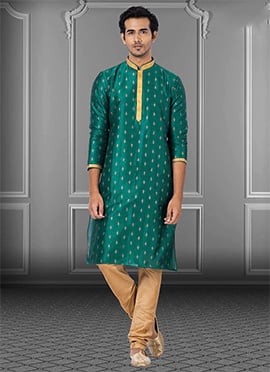 Teal Dupion Silk Printed Kurta Pyjama