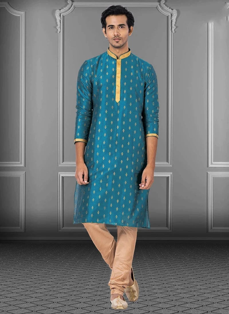 Teal Dupion Silk Printed Kurta Pyjama Party Wear