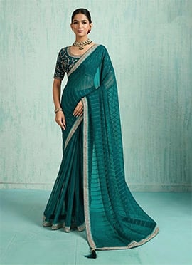 Teal Faux Chiffon Zari Embroidered Sequins Saree